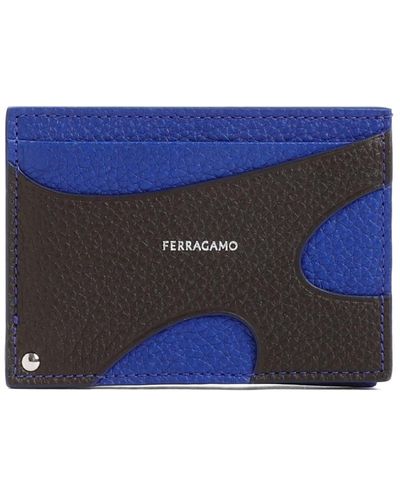 Ferragamo Braunes genarbtes leder kreditkartenetui - Blau