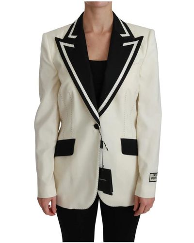 Dolce & Gabbana Wolle Creme Einreihiger Mantel Blazer Jacke - Mehrfarbig