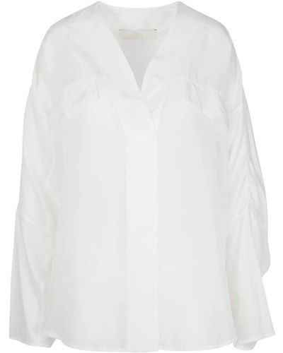 Tela Blusa de satén con escote en v y mangas largas - Blanco