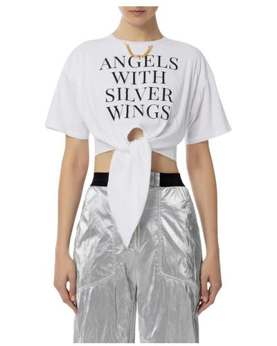 Elisabetta Franchi T-shirt cropped in jersey con nodo e stampa - Grigio