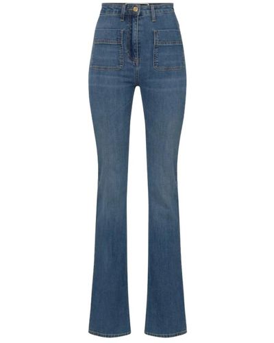 Elisabetta Franchi Jeans a zampa con tasche logo dorate - Blu