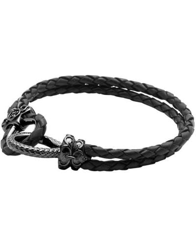 Nialaya 's leather bracelet with rhodium hook clasp - Schwarz