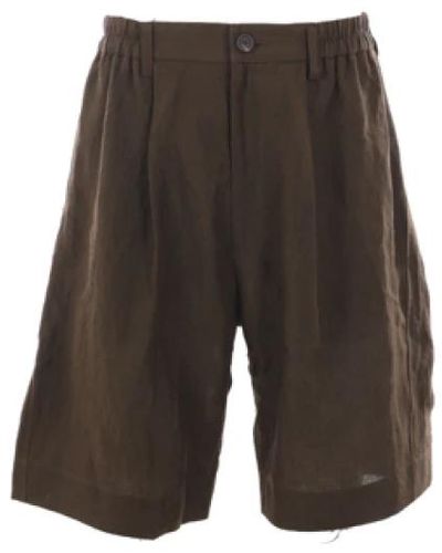 Ziggy Chen Shorts in lino marrone con vita elastica