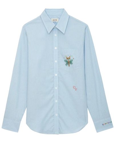Zadig & Voltaire Camicia in cotone blu a righe con maniche lunghe