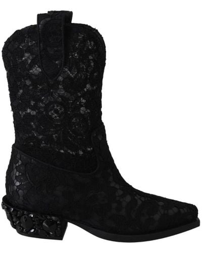 Dolce & Gabbana Chaussures en cristal de cowboy à la cheville Taormina en dentelle noire