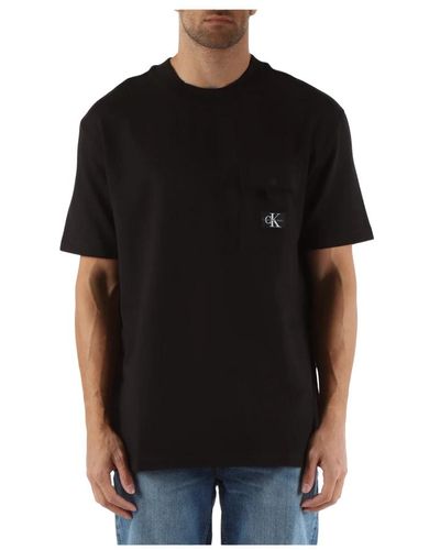 Calvin Klein Stretch-baumwoll-t-shirt mit fronttasche - Schwarz