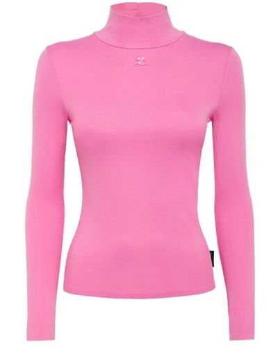 Courreges Italienisches t-shirt aus stretchstoff in einfarbiger farbe - Pink