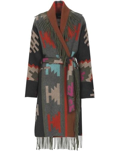 Bazar Deluxe Cappotto in lana con stampa etnica e dettaglio a frange - Multicolore