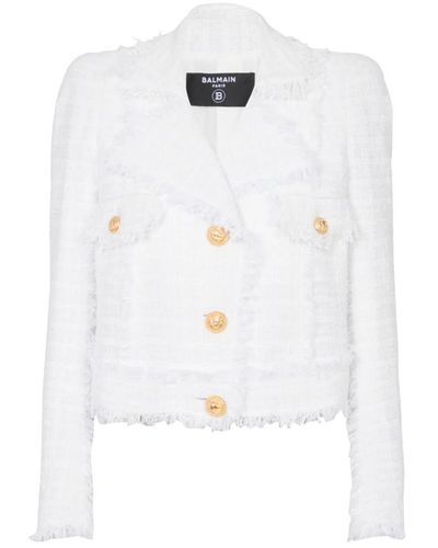 Balmain Cropped fringed tweed jacket - Blanco