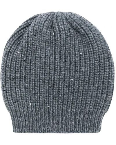 Brunello Cucinelli Cappello in maglia di cashmere e seta con strass - Grigio