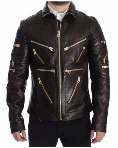 Dolce & Gabbana Stupenda giacca in pelle marrone con dettagli in metallo dorato - Nero