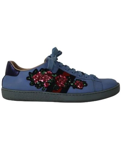 Gucci Sneakers in pelle blu con paillettes floreali