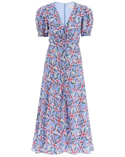 Saloni Vestido largo de seda estampado floral con detalle de botones - Azul