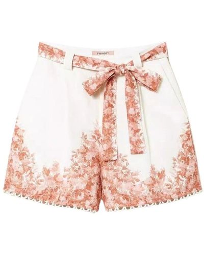 Twin Set Shorts de lino de cintura alta con estampado floral - Rosa