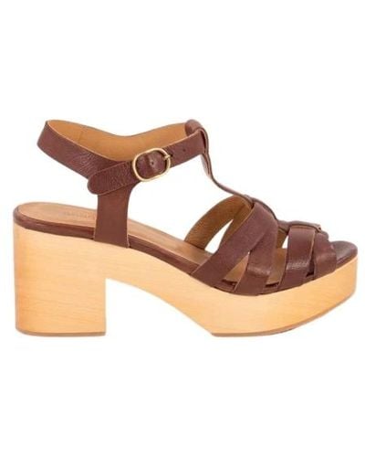 Sessun Leather and wood sandals stipa - Marrone