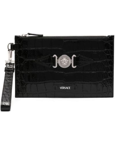 Versace Schwarze krokodil geprägte flache pouch tasche