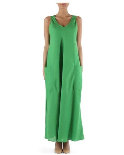 Elena Miro Vestido largo de lino cuello en v bolsillos - Verde
