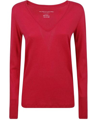 Majestic Filatures Slim fit v-ausschnitt t-shirt in fuchsia - Rot