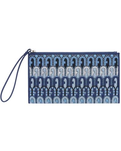 Furla Schlanke jacquard-umschlagtasche mit handgelenksriemen,schlanke jacquard-umschlagtasche - Blau