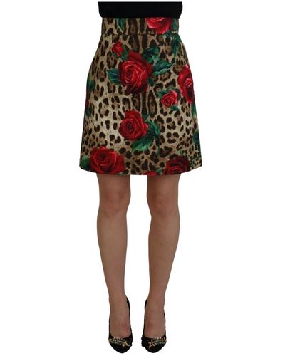 Dolce & Gabbana Gonna mini in cotone marrone con stampa leopardo e rose - Rosso