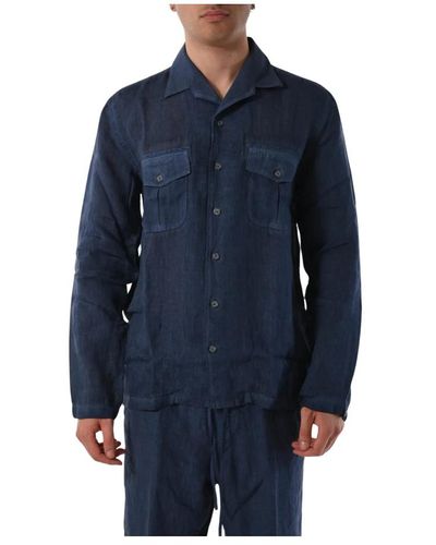 120% Lino Texana hemd mit frontknöpfen und brusttaschen - Blau