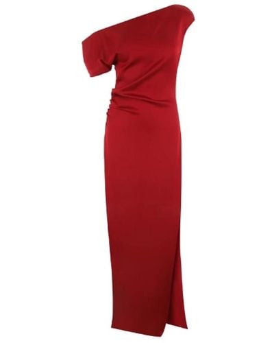 Del Core Rotes envers satin langes kleid mit asymmetrischem ausschnitt und seitenschlitz