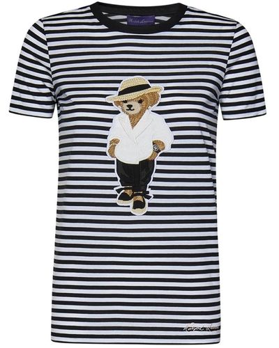 Ralph Lauren Gestreiftes baumwoll-t-shirt mit bärenlogo - Blau