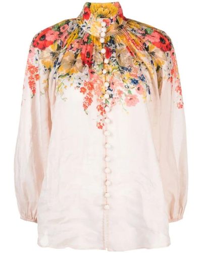 Zimmermann Camisa estampada de flores con cuello alto - Blanco