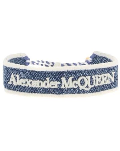 Alexander McQueen Pulsera de denim bordada con cierre de calavera - Azul