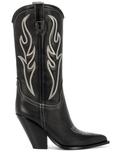Sonora Boots Botas de vaquero de piel de becerro negro con bordado blanco