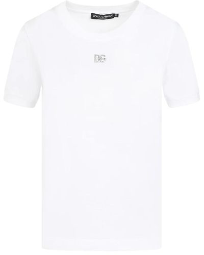 Dolce & Gabbana Weiße baumwoll-t-shirt mit kristall-monogramm