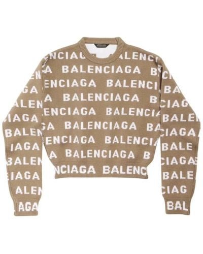 Balenciaga Intarsia-knit logo cropped sweater - Natur