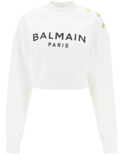 Balmain Cropped sweatshirt mit logo-print und knöpfen - Weiß