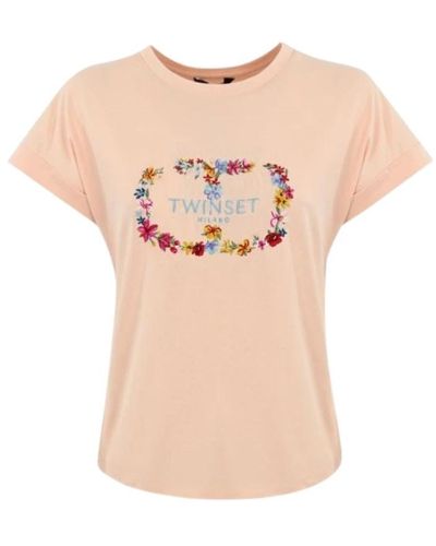 Twin Set Blumen bestickte t-shirts und polos - Pink