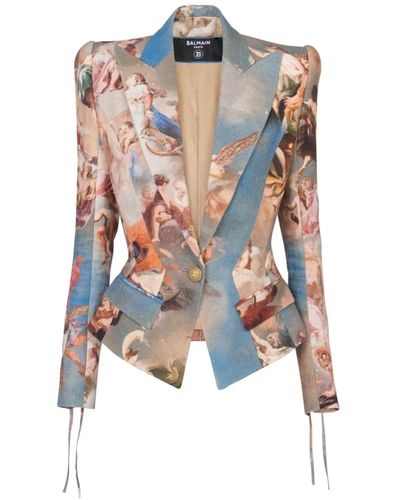 Balmain Taillierte Jacke aus Leinen mit Sky-Print - Mehrfarbig