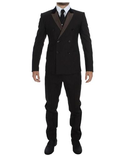 Dolce & Gabbana Braun gestreifter Slim 3-teiliger Anzug aus Wolle Smoking - Schwarz