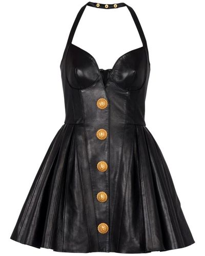 Balmain Rückenfreies, ausgestelltes Kleid mit Falten aus Leder - Schwarz