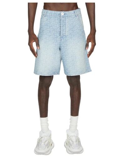 Balmain Shorts in denim monogram con stampa jacquard - Blu