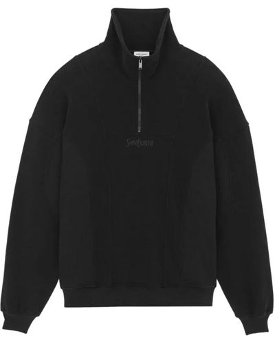 Saint Laurent Schwarzer sweatshirt aus gebürsteter baumwolle mit halbem reißverschluss