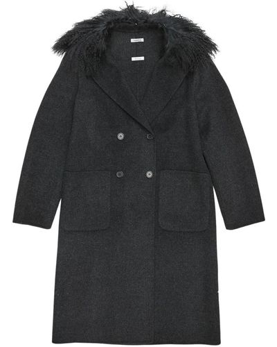 P.A.R.O.S.H. Abrigo de lana gris antracita con cuello de piel desmontable - Negro