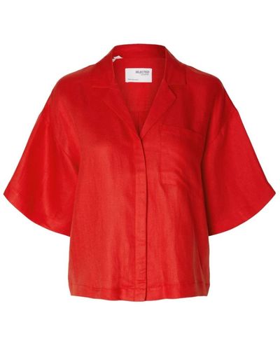 SELECTED Boxy revers camicia in lino - flame scarlet - Rosso
