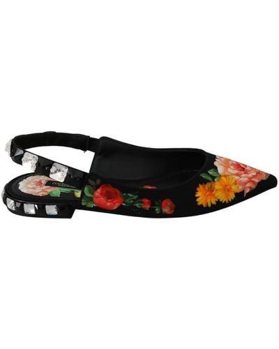 Dolce & Gabbana Black floral crystal slingbacks flats shoes - Nero