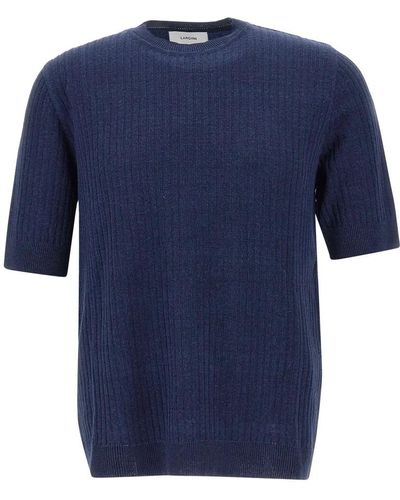Lardini Blau leinen baumwoll t-shirt mit gerippter textur