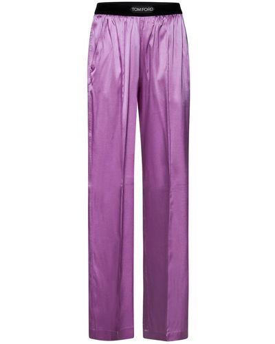 Tom Ford Pantaloni di seta viola con fascia in velluto