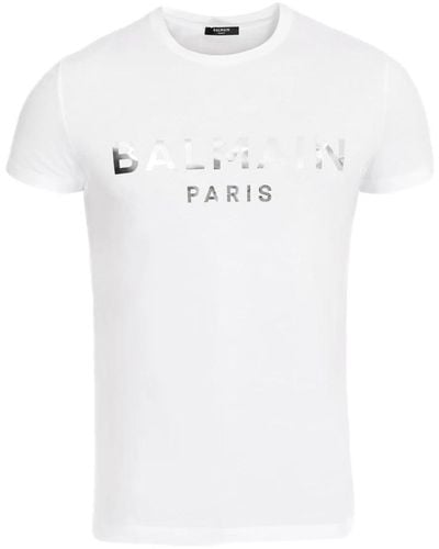 Balmain Ökologisch gestaltetes baumwoll-t-shirt mit paris logo-druck. - Weiß