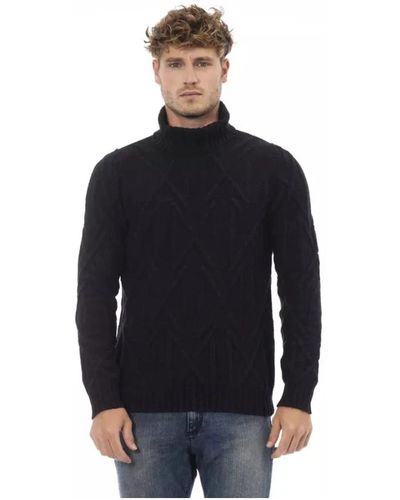 Alpha Studio Maglione in lana merino nera con collo alto - Nero