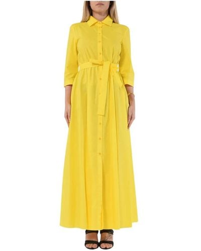 Patrizia Pepe Langes baumwoll-popeline-kleid mit hemdkragen - Gelb