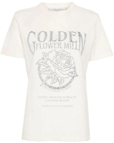 Golden Goose T-shirt in cotone con stampa logo distressed - Bianco