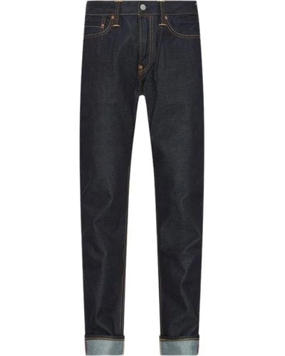 Evisu Jeans in denim grezzo con tasche posteriori ricamate - Blu