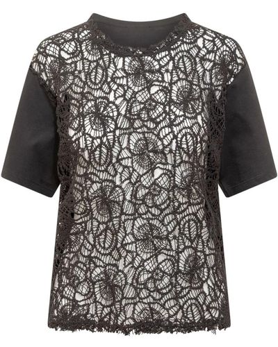 Semicouture Camiseta de cuello redondo bordada con flores - Negro